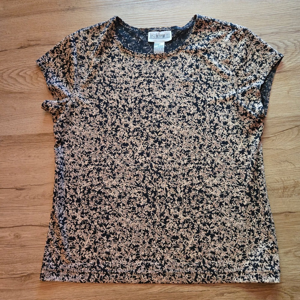 Just In Thyme Ltd Vintage Womens Floral Short Sleeve Blouse Black Tan Size 14
